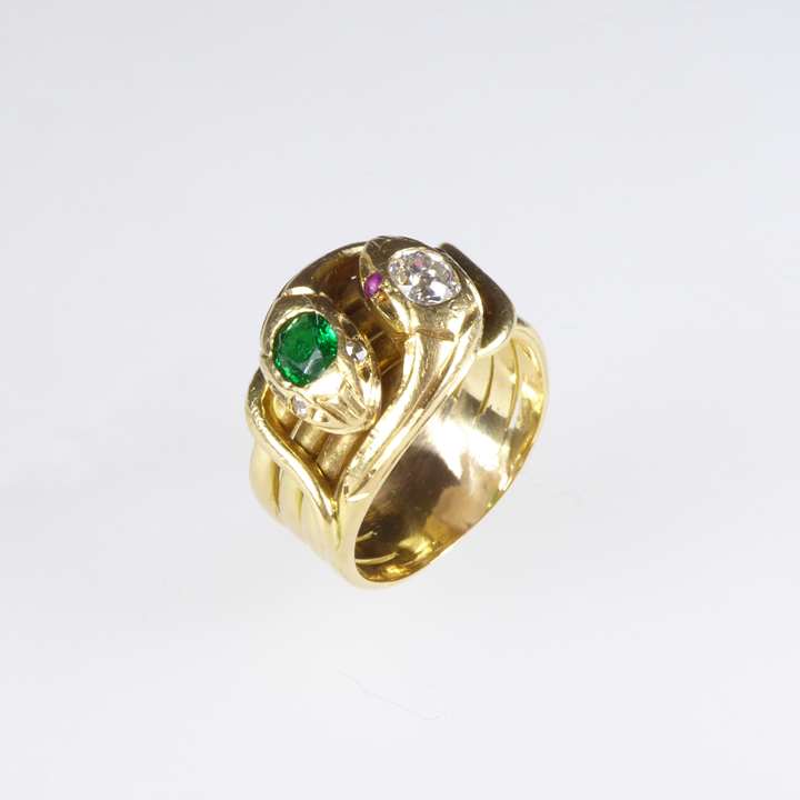 Antique emerald and diamond double snake ring